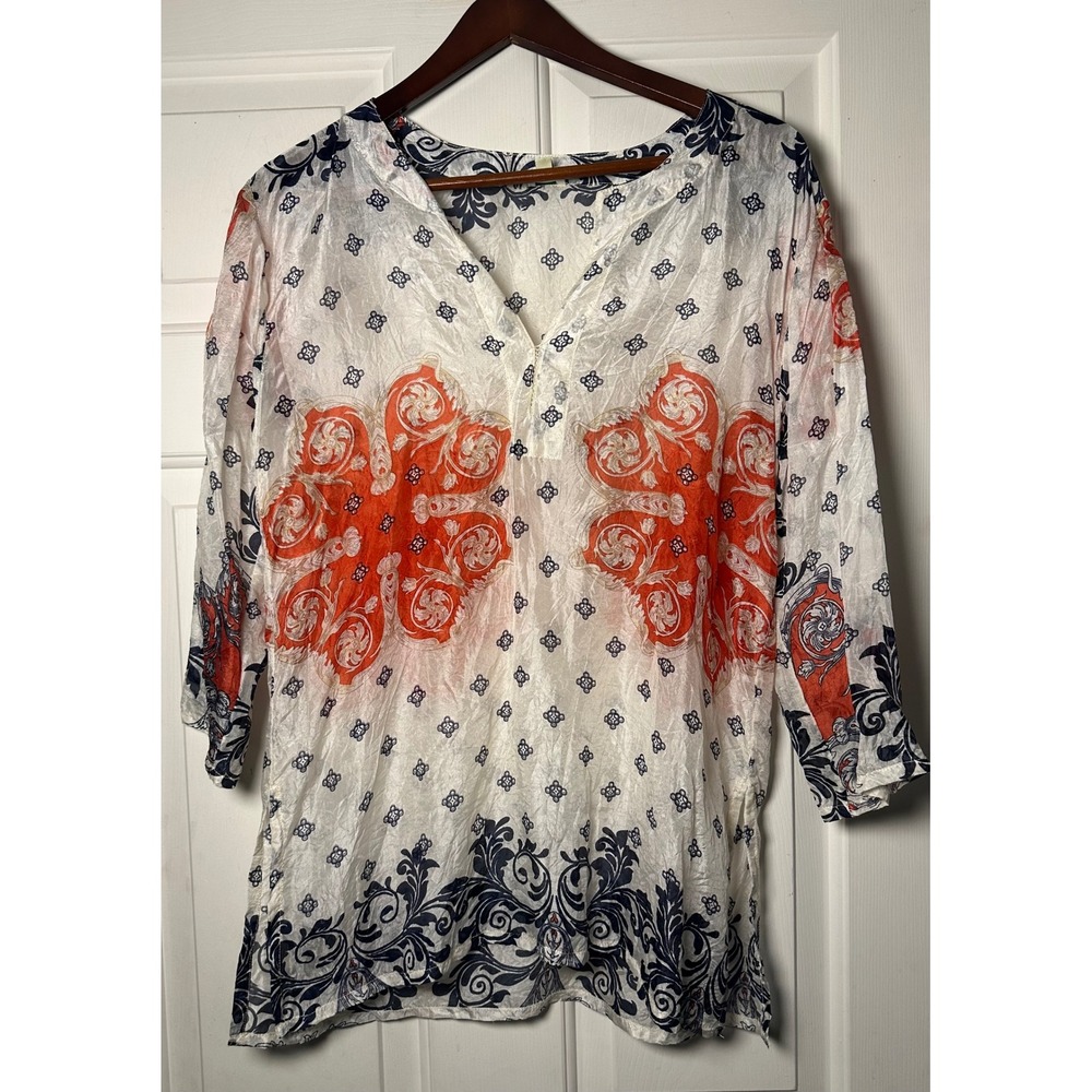 Dolma Silk Tunic Top Orange‎ Blue Medallion Print V Neck 3/4 Sleeve Women's S